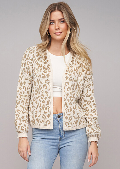 Cloud5ive Damen Cropped Cardigan mit Leo-Print camel braun beige
