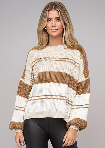 Cloud5ive Damen Sweater Pullover mit Streifenmuster beige camel braun