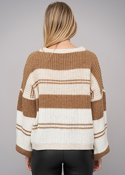 Cloud5ive Damen Sweater Pullover mit Streifenmuster beige camel braun