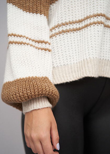 Cloud5ive Damen Sweater Pullover mit Streifenmuster beige camel braun