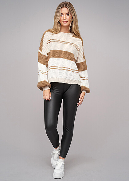 Cloud5ive Damen Sweater Pullover mit Streifenmuster beige camel braun