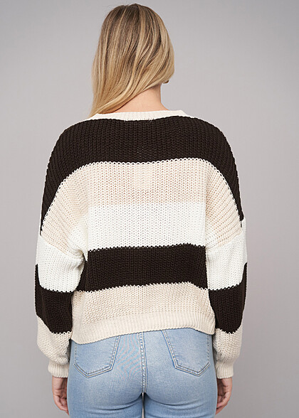 Cloud5ive Damen Sweater Pullover mit Streifenmuster beige weiss braun