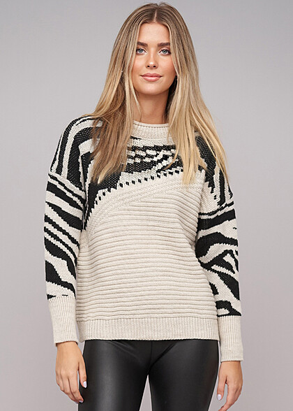 Cloud5ive Damen Sweater Pullover mit Asymetric Zebra Strickmuster schwarz beige