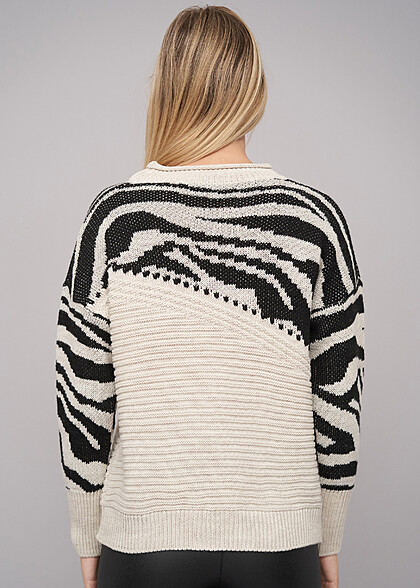 Cloud5ive Damen Sweater Pullover mit Asymetric Zebra Strickmuster schwarz beige