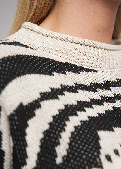 Cloud5ive Damen Sweater Pullover mit Asymetric Zebra Strickmuster schwarz beige
