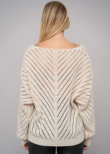 Cloud5ive Damen Sweater Pullover mit Lochstrickmuster beige