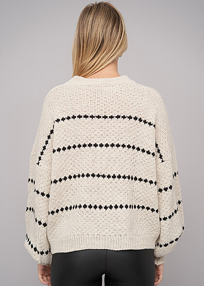 Cloud5ive Damen Sweater Pullover mit Streifenmuster schwarz beige