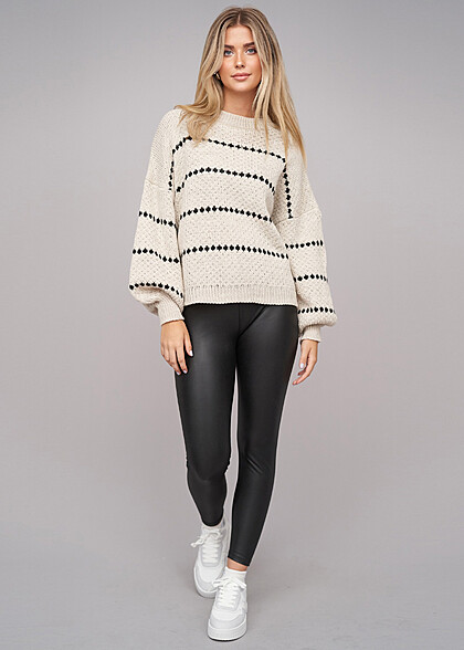 Cloud5ive Damen Sweater Pullover mit Streifenmuster schwarz beige
