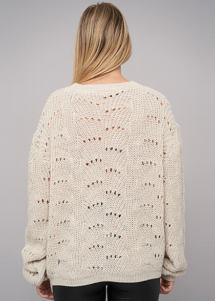 Cloud5ive Damen Sweater Pullover mit Lochstrickmuster beige
