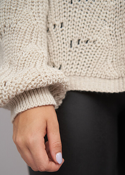 Cloud5ive Damen Sweater Pullover mit Lochstrickmuster beige