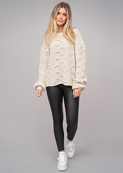 Cloud5ive Damen Sweater Pullover mit Lochstrickmuster beige