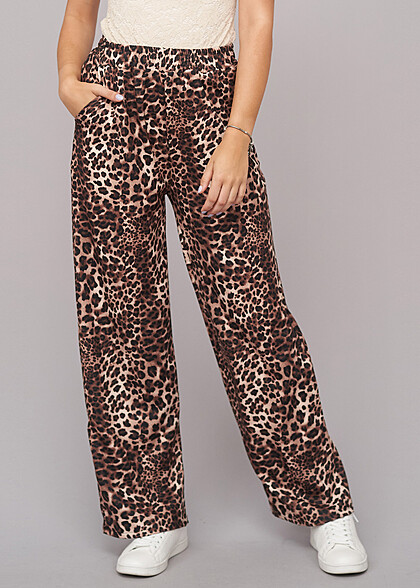 Cloud5ive Damen Wide Cut Hose mit 2-Pockets und Leo-Print braun