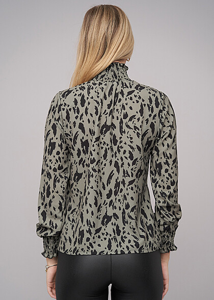 Cloud5ive Damen Langarm Choker Bluse mit Leo Print grn schwarz
