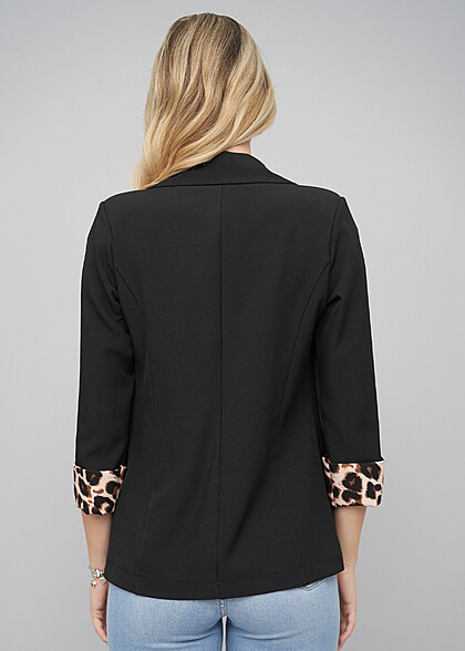 Cloud5ive Damen Blazer mit 3/4 rmeln und Leo Print Details schwarz