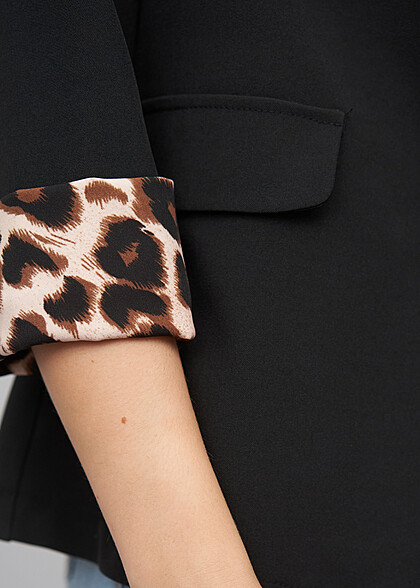 Cloud5ive Damen Blazer mit 3/4 rmeln und Leo Print Details schwarz