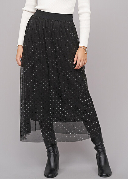 Cloud5ive Damen Longform Rock 2-lagig mit Strasssteinen schwarz