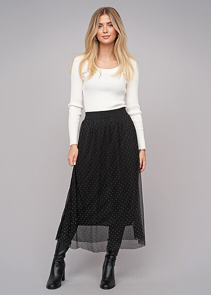 Cloud5ive Damen Longform Rock 2-lagig mit Strasssteinen schwarz