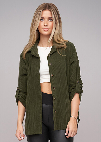 Cloud5ive Damen Cord Bluse mit Turn-Up-rmeln military grn