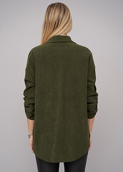 Cloud5ive Damen Cord Bluse mit Turn-Up-rmeln military grn