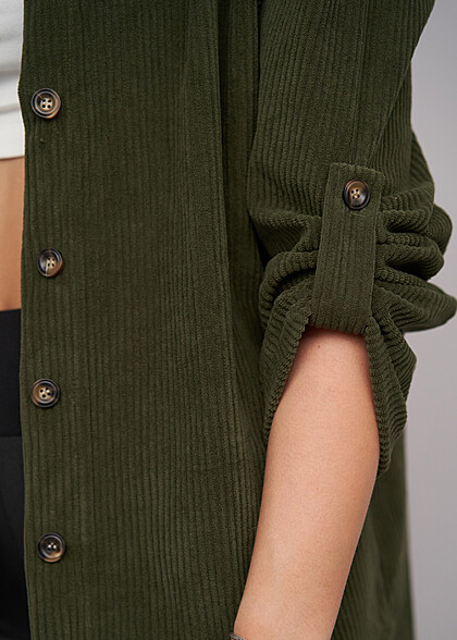 Cloud5ive Damen Cord Bluse mit Turn-Up-rmeln military grn