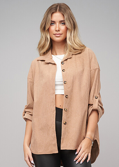 Cloud5ive Damen Cord Bluse mit Turn-Up-rmeln camel braun