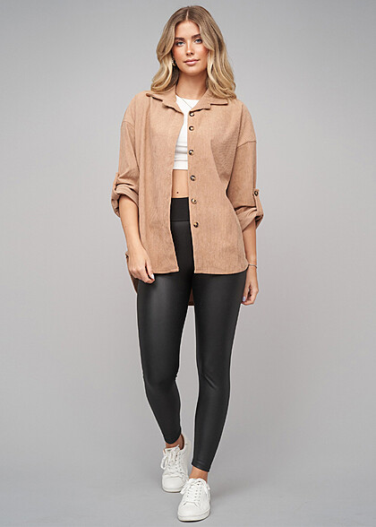Cloud5ive Damen Cord Bluse mit Turn-Up-rmeln camel braun