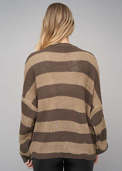 Cloud5ive Damen Strickjacke Cardigan mit Streifenmuster fango dunkel braun