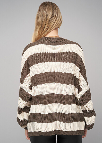 Cloud5ive Damen Strickjacke Cardigan mit Streifenmuster beige dunkel braun