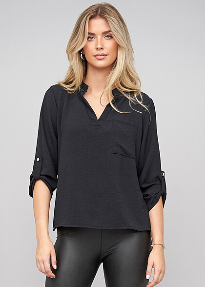 Cloud5ive Damen Musselin Bluse mit Turn-Up-rmeln schwarz