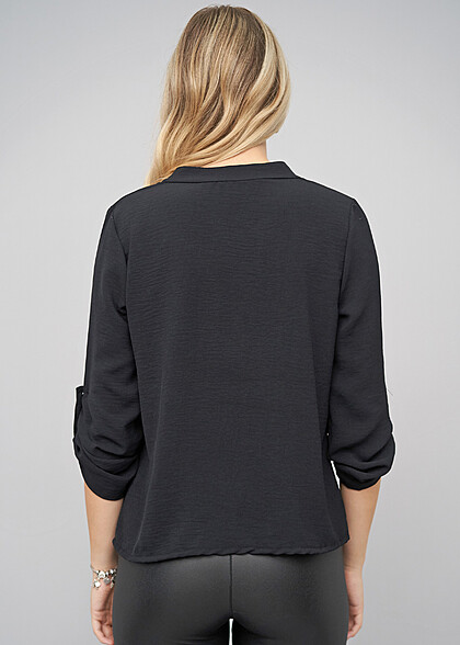 Cloud5ive Damen Musselin Bluse mit Turn-Up-rmeln schwarz