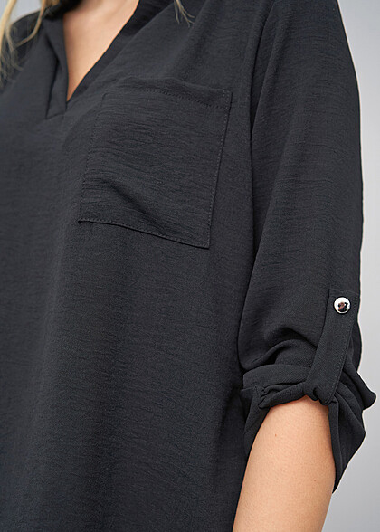 Cloud5ive Damen Musselin Bluse mit Turn-Up-rmeln schwarz