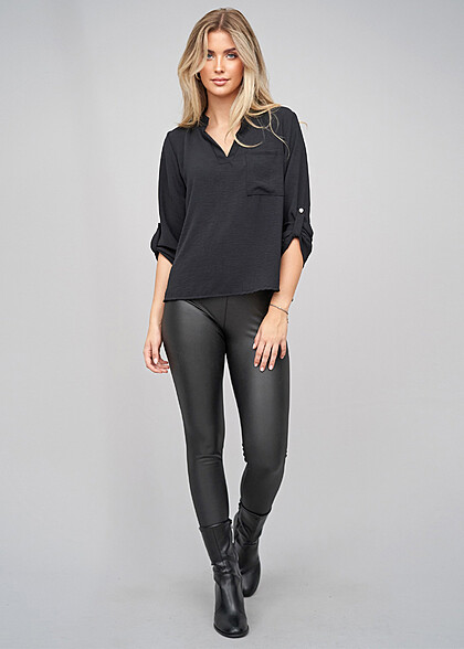 Cloud5ive Damen Musselin Bluse mit Turn-Up-rmeln schwarz