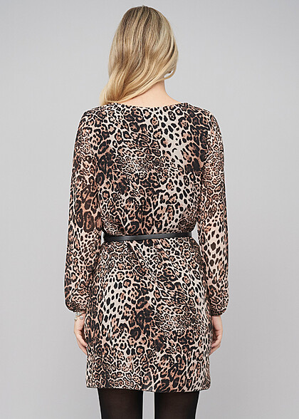 Cloud5ive Damen Langarm Kleid 2-lagig mit AOP Leo Print braun