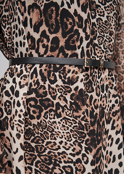 Cloud5ive Damen Langarm Kleid 2-lagig mit AOP Leo Print braun