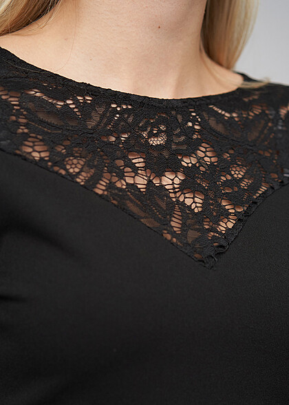 Cloud5ive Damen Langarm Kleid mit Spitzeneinsatz schwarz