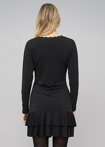 Cloud5ive Damen Langarm Kleid mit Spitze und V-Neck schwarz